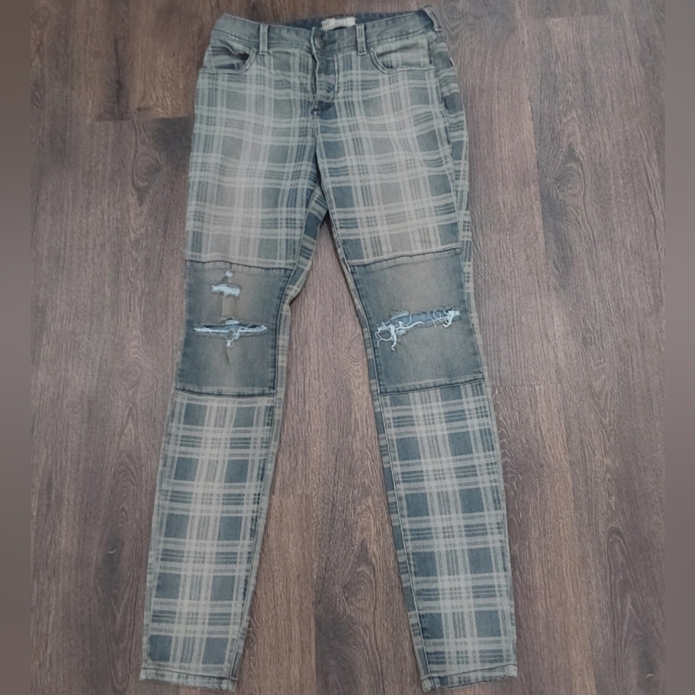 FREE PEOPLE Plaid Distressed Jeans